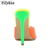 Eilyken Sexy Mule Bico Pontudo Salto Alto Chinelo Stripper Verão Moda Cor Misturada Slip On Slides Feminino Sapatos Festa Sandália L230518