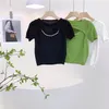 Women's Sweaters Green Color Hollow Out Women Sexy Tees Pearl Beading Puff Sleeves Ruched Folds Knit Summer Pullovers T-Shirt