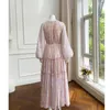 Sukienki swobodne Elegancka wiosenna letnia damska sukienka drukowana Latarnia luźna plisowana ciasto spódnica zabawna szyfonowa różowa scena kostium sceniczny