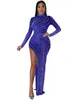 Vrijetijdsjurken WUHE Kristallen lange maxi-jurk met hoge split Elegante jurk Sparkle Womens Mock Neck Sheer Mesh Diamonds Party Night Clubwear