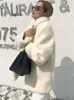 Ceketler Kış Beyaz Büyük Boyutlu Sıcak Sahte Kürk Ceket Kadınlar Şal Yakası Raglan Uzun Kollu Kabarık Ceket Kore Moda Giyim