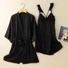 Vêtements de nuit pour femmes été femmes Kimono Robe Costume col en v sangle chemise de nuit deux pièces peignoir sommeil ensemble Satin dentelle vêtements de détente