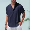 Erkekler rahat gömlek şık yaz gömlek ince stand yaka gevşek saf renk erkekler en iyi günlük kıyafet
