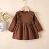 Mädchen Kleider 1-5Y Mode Kinder Kinder Baby Mädchen Herbst Party Kleid Rüschen Langarm Solide Baumwolle Leinen Casual A-line Kleidung