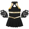 Cheerleading dla dzieci mundury sportowe sukienki taneczne litery bez rękawów wydrukowane puste tył z 1 pary flowki kwiatowe 230608