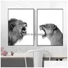 Peintures 2 Pièces Toile Peinture Lion Et Lionne Affiche Animal Wall Art Imprimer Image Noir Blanc Woodlands Pour Salon Maison Dhclv