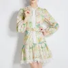 Casual Dresses Spring Summer Hollow Out Flower Print Retro A Line Mini Dress with Belt Lace Robe Vestido One Piece