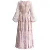 Casual Kleider Elegante Frühling Sommer Frauen Kleid Gedruckt Laterne Hülse Lose Falten Kuchen Rock Verspieltes Chiffon Rosa Bühne Kostüm