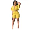 Women's Tracksuits Women Two Piece Sets Solid Color Sexy Short Sleeve V-neck Ruffled Edge Tops Shorts Suit Female Spring Summer Resort Style