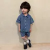 Kläder sätter sommar denim Set Turndown Collar Tshirt Simple Shorts Jeans Girls Dresses Sybling Outfits Casual For Children 230607