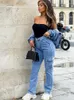 Damen Jeans Kalevest Y2K Gothic Kleidung Hose Blau Vintage Damen Hose Ästhetische Denim Low Rise Rave Outfits Taschen