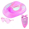 Chapeaux à larges bords Seau Chapeau de cowboy rose avec lunettes de soleil en forme de cœur et voile de cow-girl pour filles Costume de tout-petit Accessoires de fête de carnaval 230608