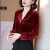 Women's Blouses Fashion Design Gold Velvet Shirt Women's Spring Summer Autumn Blouse Retro V-Neck Pocket Soft Casual Jacket Female 2023