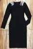 Casual Dresses 2023 Winter Women Bodycon Stretch Kne Längd Beading Långärmning Slim High Quality Black Rayon Bandage