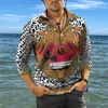 Polo da uomo Camicia POLO a maniche lunghe da uomo con bottoni Slim Top casual sportivo in poliestere stampato in 3D leopardato di alta qualità