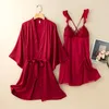 Vêtements de nuit pour femmes été femmes Kimono Robe Costume col en v sangle chemise de nuit deux pièces peignoir sommeil ensemble Satin dentelle vêtements de détente