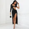 Casual Jurken Elegante 2023 Zomer Vrouw Lange Mouwen Black Hollow Out Avondfeest Sexy Hoge Split Ketting Backless Formele onderjurk