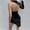 Casual Dresses One Shoulder Mini Wrap Skirt Velvet Halter Party Dress Asymmetric Tassel Prom Sexy Elegant Female Bodycon Cut Out Cloth