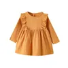 Mädchen Kleider 1-5Y Mode Kinder Kinder Baby Mädchen Herbst Party Kleid Rüschen Langarm Solide Baumwolle Leinen Casual A-line Kleidung