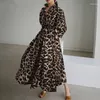 Casual Dresses Elegant Women Leopard Maxi 2023 Autumn Long Sleeve Shirt Dress Preppy Style Ladies Cotton Linen Robe Longue