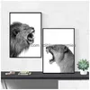 Peintures 2 Pièces Toile Peinture Lion Et Lionne Affiche Animal Wall Art Imprimer Image Noir Blanc Woodlands Pour Salon Maison Dhclv