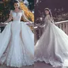 African Luxury Lace Mermaid Wedding Dresses 2020 Illusion Neck Long Sleeve Detachable Train Appliques Beaded Plus Size Arabic Brid304V