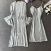 Kvinnors sömnkläder 2st lady kimono mantel klänning set spetsband nattklänning sexig brud bröllop badrock loungewear satin kemis underkläder