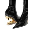 2023 Nouveau Tigre Dents En Forme De Talon Femmes chaussures Pointu Haut Talon Laqué En Cuir Sexy Mode Wrap Jambe Élastique Bottes Sur Genou Bottes