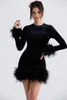 Casual Dresses Gorgeous Feathers Black Velvet Mini Evening Dress Elegant Woman Package Hips Bodycon Party Weekends Home Vestido