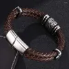 Charm Bracelets Design Vintage Men Jewelry Brown Double Braided Leather Bracelet S.Steel Punk Bangle Man Accessories Gift SP0377