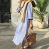 Casual Kleider Korea Design Einreiher Lose Hemden Kleid Vintage Gestreiften Baumwolle Preppy Stil Oversize Herbst Frauen Lange