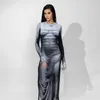 Casual Dresses Y2K 3D Body Print Long Sleeve Maxi Dress 2023 Spring Women O Neck Slim Bodycon Female Clubwear Party Outfits