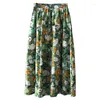 Юбки сладкий цветочный принт хлопковой юбки женщины 2023 летний корейский стиль высокий талия ретро Миди