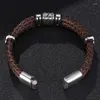 Charm Bracelets Design Vintage Men Jewelry Brown Double Braided Leather Bracelet S.Steel Punk Bangle Man Accessories Gift SP0377