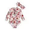 Summer Baby Girls Long Sleeve One-Pieces Swimsuit Toddler Sun Protection Quick-Drying Infant Floral Print Swim Suit + Headband Clothes