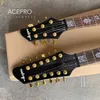 Acepro-Guitarra eléctrica de doble cuello, color negro, con cuerpo de tilo, parte superior tallada de abulón, incrustaciones de tallo personalizadas, Hardware dorado, Guitarra