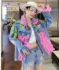 Women's Jackets Denim Jacket For Womens 2023 Spring Stitching Lace Sequined Flower Coats Fashion Female Clothes Jaqueta Jeans Feminina