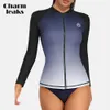 Fatos de mergulho Fatos secos Charmleaks Feminino Rash Guard UPF 50 Gola redonda Mangas compridas Zíper Gradientes Cor Secagem rápida Macio Natação Surf Tops 230607