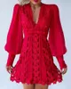 Robes décontractées élégant lanterne manches col en v creux dentelle papillon Mini robe blanc rose rouge 2023 printemps Clubwear vêtements de fête
