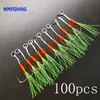 Fishing Hooks 100pcsLot Assist Hook Lure Fish Cast Jigs Barbed Single Jig Thread Feather Pesca Carbon Steel Peche Slow Jigging 230608