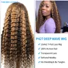 Spetsspårhöjningar Wig Human Hair Deep Wave Frontal Wig T Part Ombre Transparent Spets Front Wig Curly Human Hair Wig 30 Inch 230607