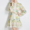 Casual Dresses Spring Summer Hollow Out Flower Print Retro A Line Mini Dress with Belt Lace Robe Vestido One Piece