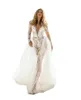 Macacão de renda com decote em V profundo transparente vestidos de noiva com trem destacável manga longa vestidos de noiva vestido de novia