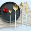 Wholesale Portugal pointed tail cutlery knife and fork spoon Hotel 304 stainless steel western tableware The white handle golden flatwar