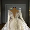 Luxury Pearls Mermaid Wedding Dresses with Overskirt V Neck Satin Long Sleeve Bridal Gowns Elegant Wedding Dress robes de mariee2552