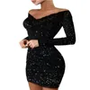 Couleur noire Sexy robes de soirée femmes Slash cou robe à manches longues été chaud mode bal maigre décontracté Vestido