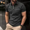 Polo da uomo a manica corta Prestazioni traspiranti Casual Tinta unita Misto cotone Polo con colletto a taglio basso per uomo Abbigliamento Tasca con cerniera Magliette Top S-XXXXL