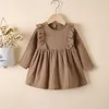 Mädchen Kleider 1-5Y Mode Kinder Kinder Baby Mädchen Herbst Party Kleid Rüschen Langarm Solide Baumwolle Leinen Casual A-line Kleidung