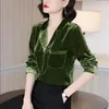 Women's Blouses Fashion Design Gold Velvet Shirt Women's Spring Summer Autumn Blouse Retro V-Neck Pocket Soft Casual Jacket Female 2023