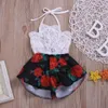 Rompers födda babyflickor kläder ärmlösa spetsblomma tryck rem romper jumpsuit onepiece outfit sommar 230607